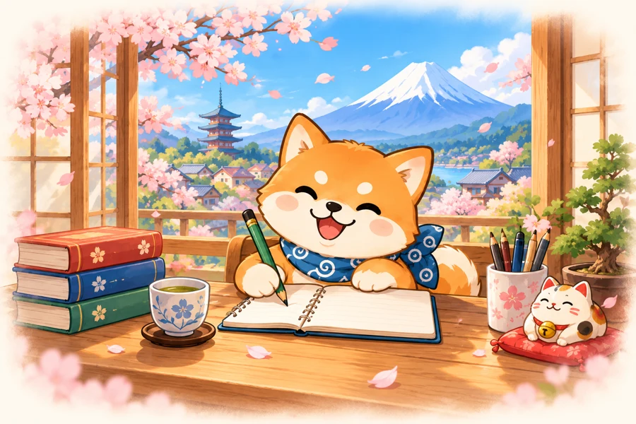 Un shiba souriant révise son japonais, avec des livres et une tasse de thé.