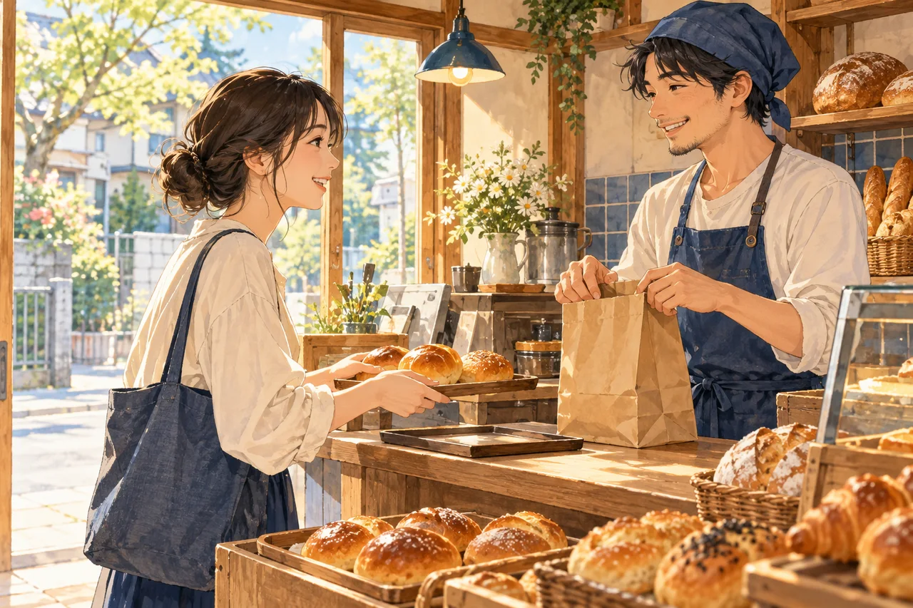 Une personne achète deux petits pains dans une boulangerie de quartier.
