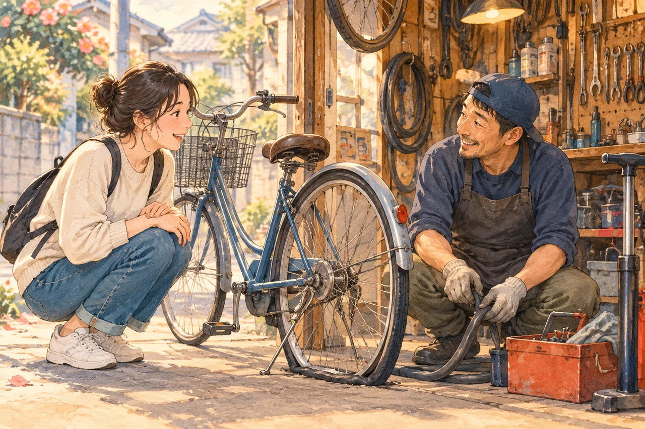 Une personne amène un vélo au pneu dégonflé dans un atelier de réparation.