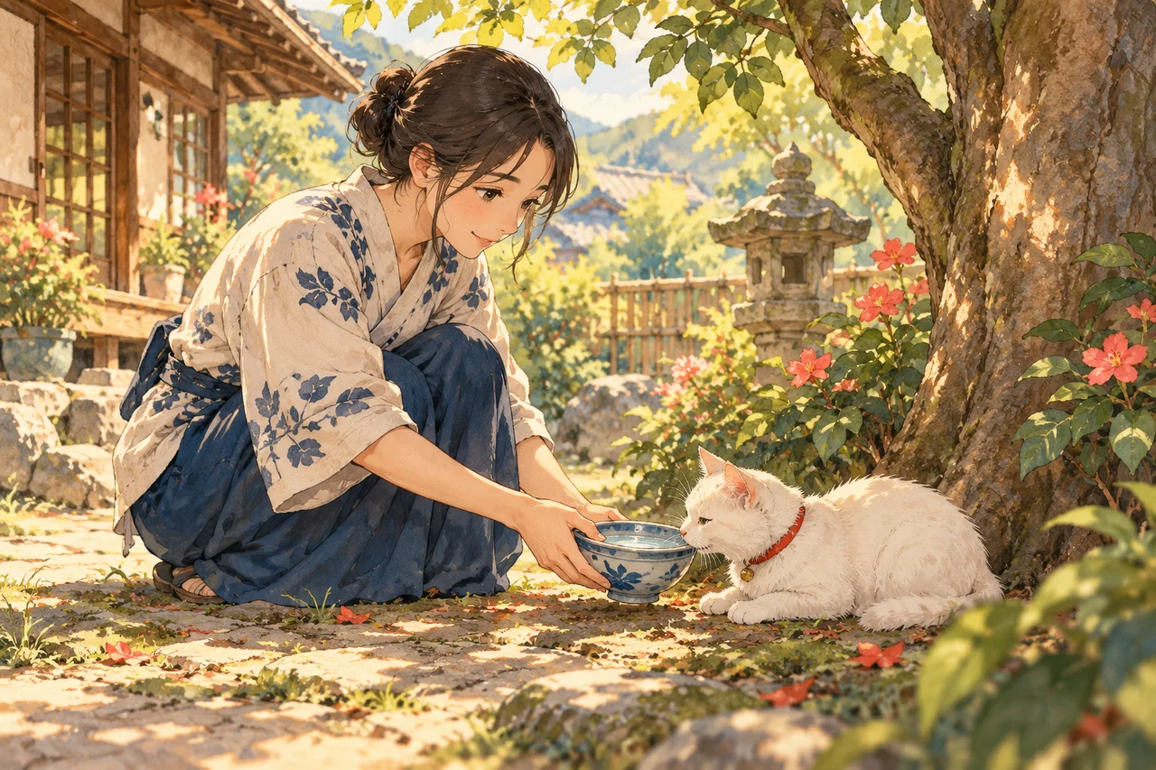 Un petit chat blanc au collier rouge boit dans un jardin.