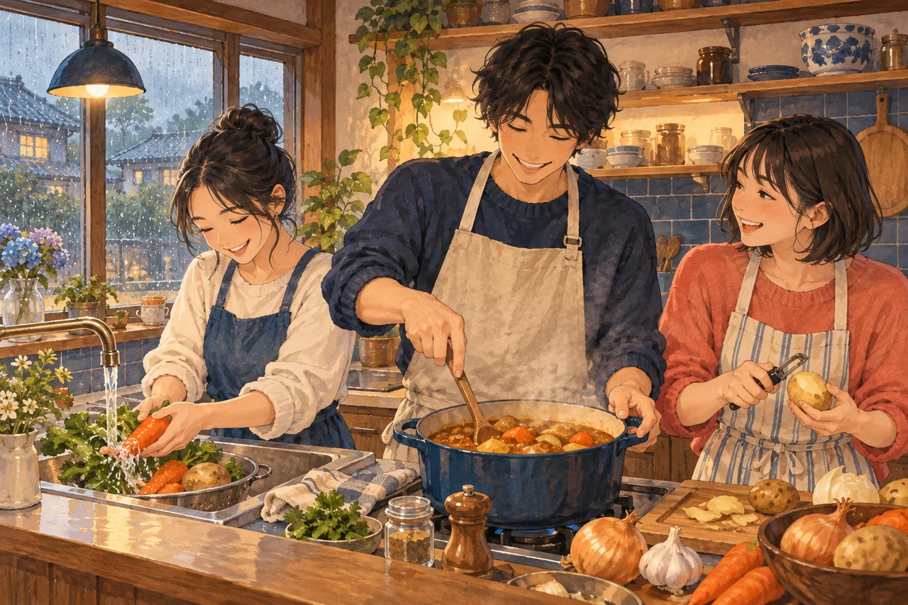 Trois amis préparent du curry ensemble dans une cuisine pendant une journée pluvieuse.